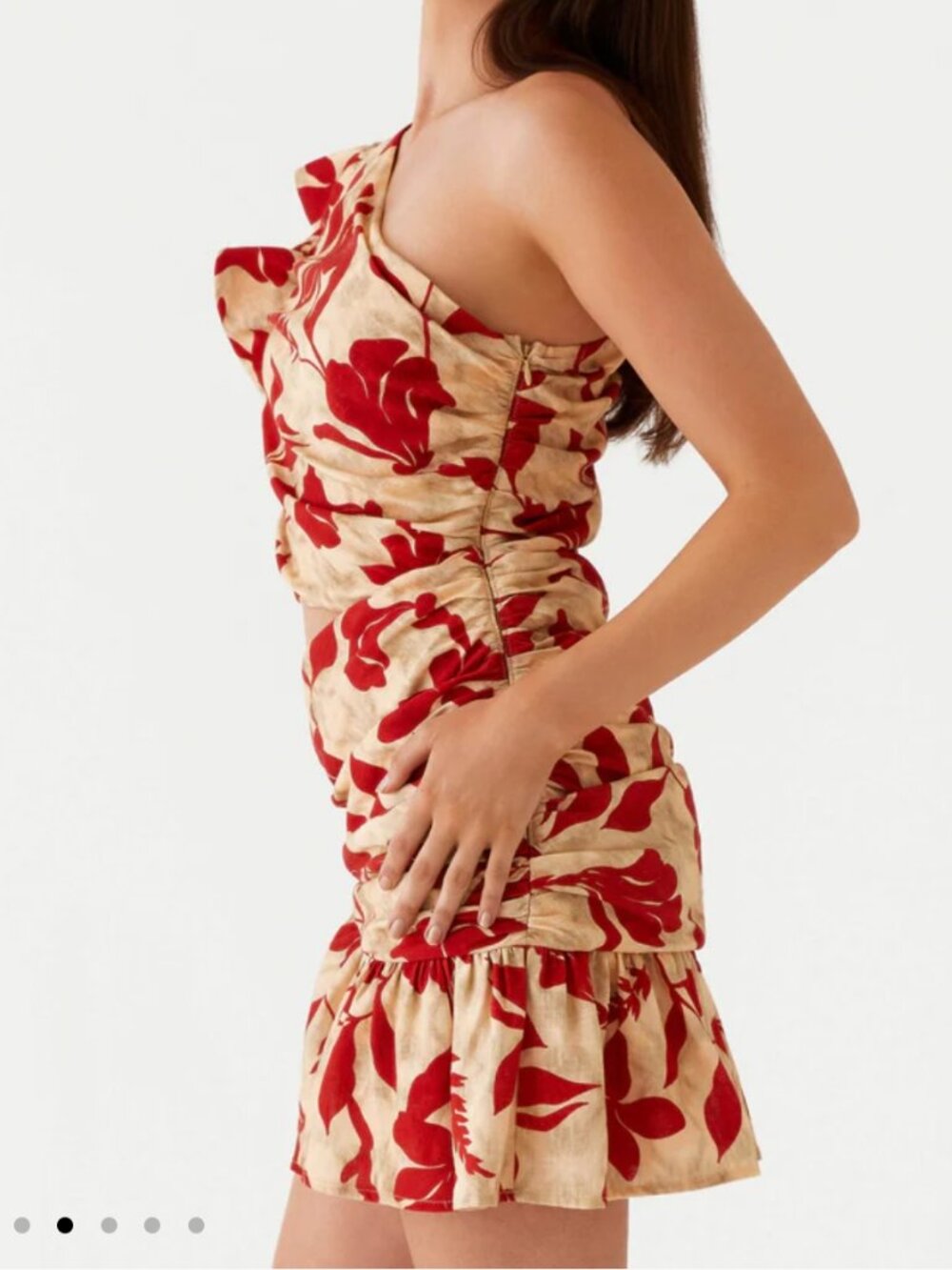 Peppermayo Maisie Red Green Floral Linen One-Shoulder Mini Dress Size 10 - Picture 3 of 9